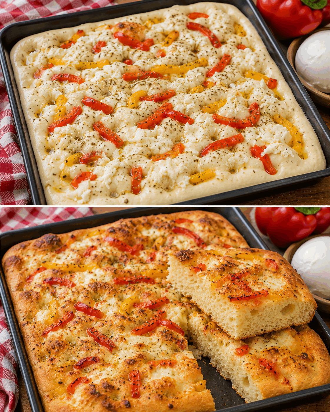 Focaccia aux poivrons et à la mozzarella : moelleuse, fondante et irrésistible